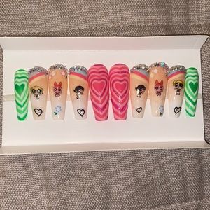 Power puff girls long coffin press on nails 🖤